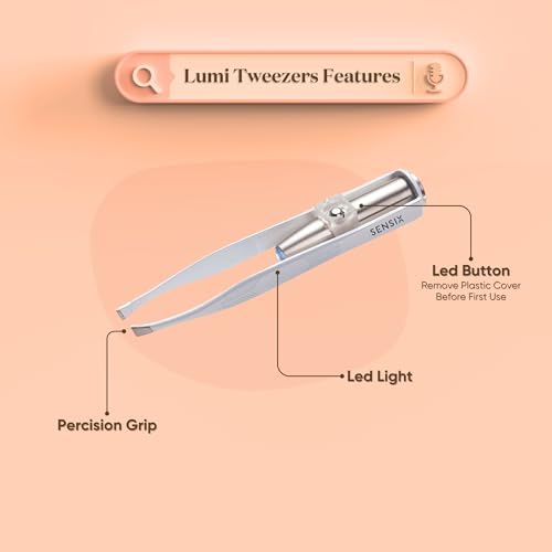 Sensica Eyebrow Tweezers with Light – LED Lighted Tweezers for Women Facial Hair – Precision Eyebrow Plucking Slant Tip Stainless Steel Tweezer with Long Arms & 3 Extra Batteries