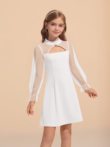 Haloumoning Girls Dresses Contrast Mesh Puff Long Sleeve Dress Kids High Waist A Line Wedding Party Dress 5-14Y2