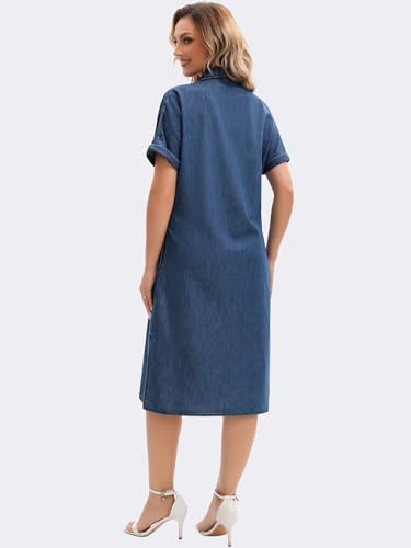 Image of Women's Midi Denim Dress Summer Short Sleeve Button Down Casual Loose Long Tunic Jean Shirt Dress