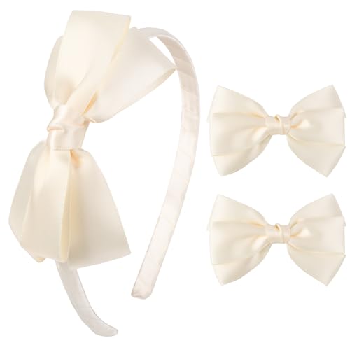 DEEKA Beige Bow Headband & 2 Pcs Satin 4 Inch Hair Bows Set Uniform Hair Accessories Hair Band for Little Toddler School Girls -Beige