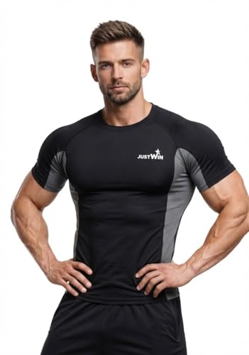 Image of JUSTWIN Men's Compression T-Shirt Half Sleeve | Slim Fit Gym & Workout T Shirt | Quick Dry Stretch Sports Tee for Running, Training & Fitness