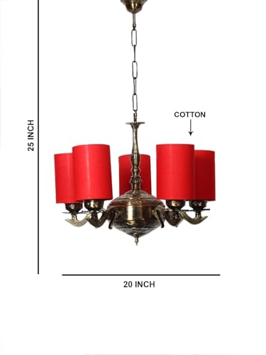 Image of Devansh 05 Lights Red Round Cotton Shade with Antique Golden Chandelier