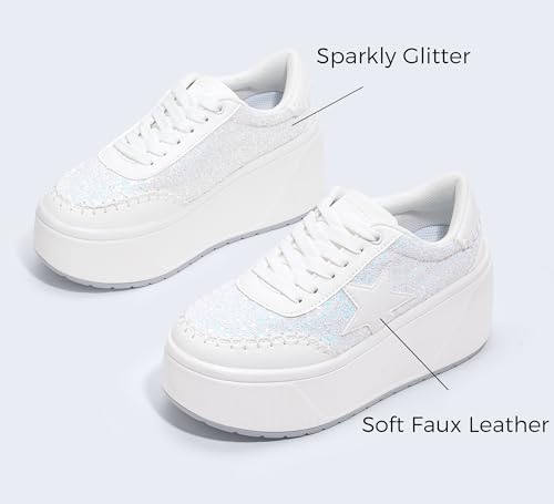 LUCKY STEP Women's Platform Chunky Sneakers Fashion Star Glitter Sparkly Wedge Walking Shoes High Heel Casual Shiny Thick Sole Footwear3