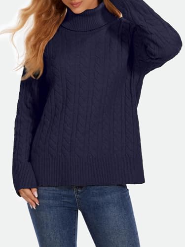 ZANZEA Turtleneck Sweater Women Long Sleeve Oversized Pullover Spilt Hem Chunky Cable Knit Jumper Fall Sweaters 20253