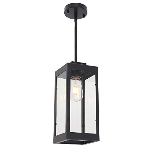 MELUCEE 1-Light Farmhouse Outdoor Pendant Lights Lantern with Glass, Exterior Hanging Light Fixture Black Mini Chandeliers for Kitchen Island Stairway Porch Hallway