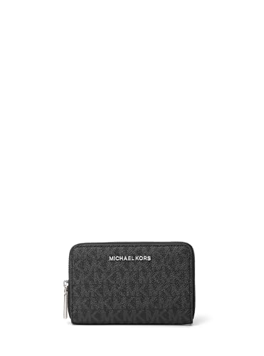 Image of Michael Kors Jet Set Small Zip Around Card Case, Silver-Tone Hardware /Tonal Signature Coated Twill /Black