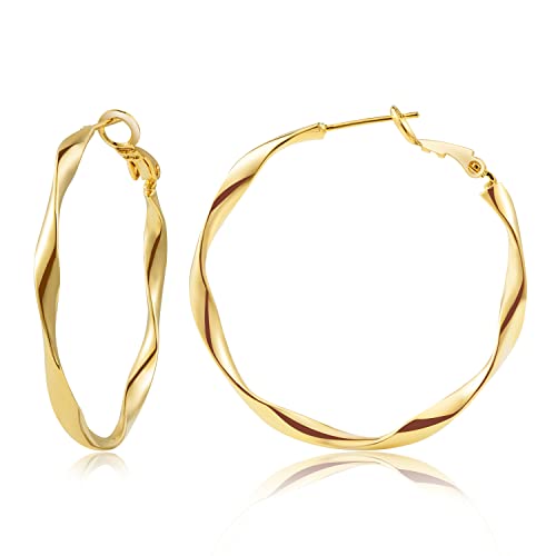 Image of 24K Gold Hoop Earrings for Women Trendy Real Gold Plated Twisted Thin Huggie Hoops, Dainty Cute Big Gold Filled Dangle Hoop Earrings Nickel Free Womens Earrings for Sensitive Ears Hypoallergenic