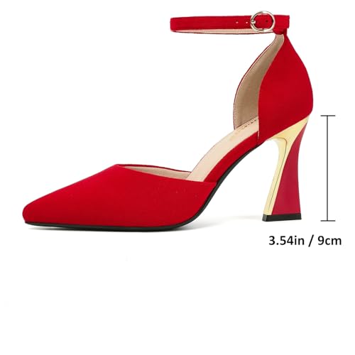 Image of RIBONGZ Comfortable Kitten Heels for Women Pointed Closed Toe Ankle Strap Buckle Heels Slip on Low Heel Church Pumps Wedding Bridal Party Dressy Shoes