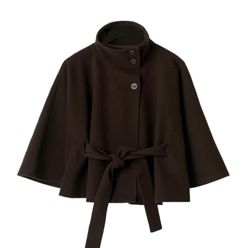 Damen-Poncho mit Fledermausärmeln, Erbsenmantel, Wolle, Stehkragen, Gürtel, Capes, Jacke, stilvoller einreihiger Umhang, coffee, M