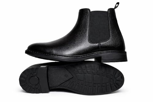 Image of CRACHERS Men's Classic Black Leather Chelsea Boots | Formal & Casual Slip-On Ankle Boots with Elastic Side Panel and Pull Tab | Durable & Stylish Lightweight Boots for Men