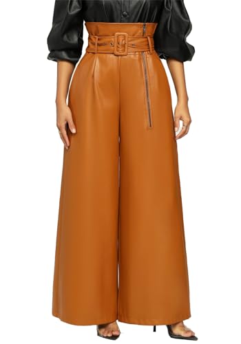 Tcremisa Leather Pants for Women Casual High Waisted Faux Leather Wide Leg Pants Pocketed PU Trousers Brown