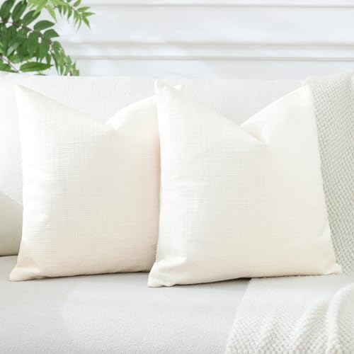 JOTOM Set of 2 Cushion Covers 45x45 cm Linen Cream Decorative Throw Pillow Covers 18x18 Inch Square Cushion Case Home Decor Pillowcases for Couch Sofa Living Room Bed (Cream)