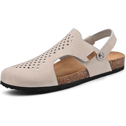 Men's Leather Sandals with Arch Support - Cork Footbed Perforated Design for Beach & Outdoor