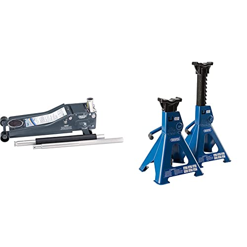 Image of Draper 31481 Low Profile Quick Lift Trolley Jack, 2 Tonne Capacity & 30881 Ratcheting Axle Stand, 3 Tonne Capacity, 34mm x 90mm Saddle, Pair