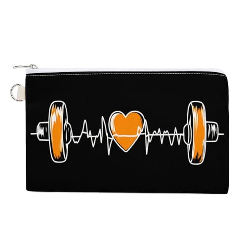 Barbell Weightlifting Heartbeat Coin Purse Canvas Change Pouch Portable Pocket Wallet Mini Storage Bag with Zippered Keychain