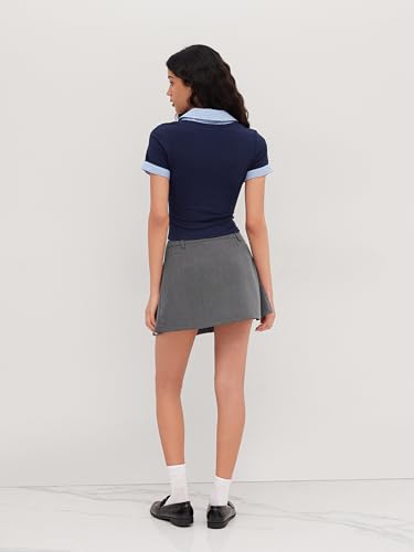 CIDER Women Cotton Collar Stripe Two Tone Short Sleeve Knit Fabric Tops4