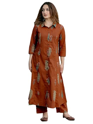 Image of Arayna Women's Pure Cotton Printed A-Line Kurta Set with Pants | Button-Down Collar Kurta