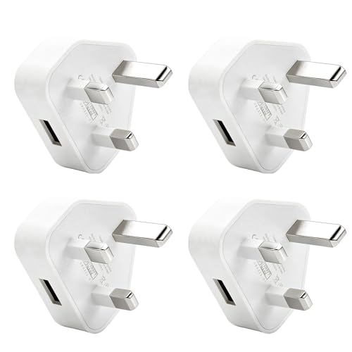 Image of 3 Pin Plug UK 4 Pack USB Charging Adapter, 5V 1A USB Wall Plug with Smart IC, Fast Safe Charger Compatible with i Phone 12 11 XR X 8 7, i Pad, Sam sung Galaxy, Hua wei, Moto rola, LG, One Plus
