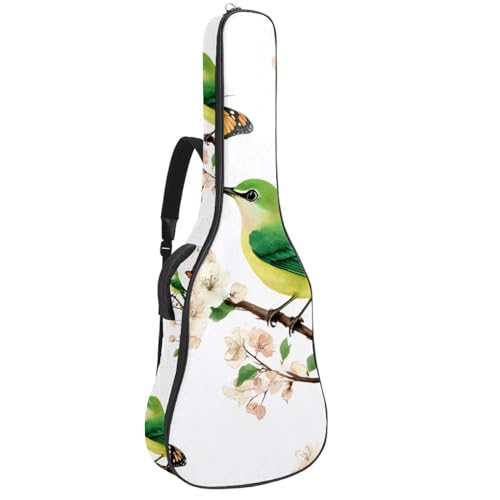 Green Bird and Colorful Butterflies among Floral Branches Acoustic Guitar Bag, Guitar Case Gig Bag 40 41 42 inch with Dual Adjustable Shoulder Strap and Back Hanger Loop