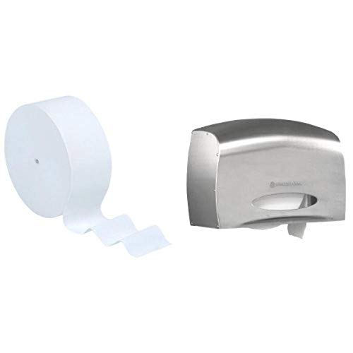 Image of Scott Essential Jumbo Roll JR. Coreless Toilet Paper (07006), 2-PLY, White, with Scott Pro Jumbo Roll (JRT) Coreless Toilet Paper Dispenser (09601), Stainless Steel