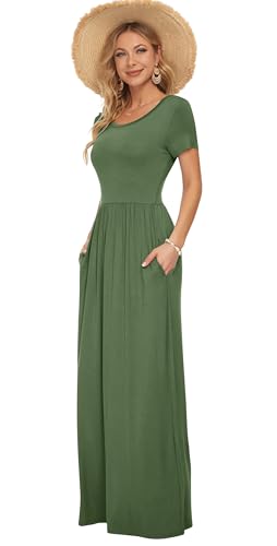 Image of AUSELILY Women's Summer Short Sleeve Loose Plain Casual Long Maxi Dresses | Year Round wear solid floral print, Casual wear, Empire waist, Floor length, Side pockets