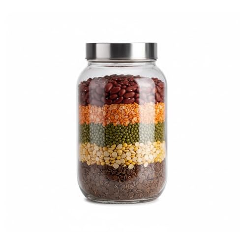 Image of Glassbunny Steel Lid Glass Jar 2000ML Round Jar for Kitchen Transparent Container for Flour, Cereal, Masala, Dry Fruits, Pickles See Through Cap 2KG Pack of 1