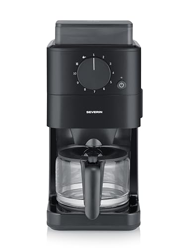 Severin - Machine à café filtre avec broyeur intégré pour café en grains ou moulu + réglage de la mouture, Cafetière filtre avec carafe verre 10 tasses,...