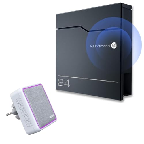 Metzler Exklusiver Briefkasten mit Funkklingel Hoffmann - Briefkasten in Anthrazit - Wandbriefkasten mit Edelstahl-Namensschild, Zeitungsfach und 1 Steckdosen-Funk-Empfänger - Größe: 37 x 37 x 10,5 cm