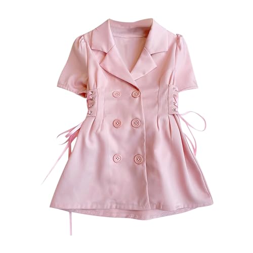 Kid Girl Dress Coats Short Sleeve Lapel Ribbon Bandage Waist Double-Breasted Summer Thin Princess Dress Blazer