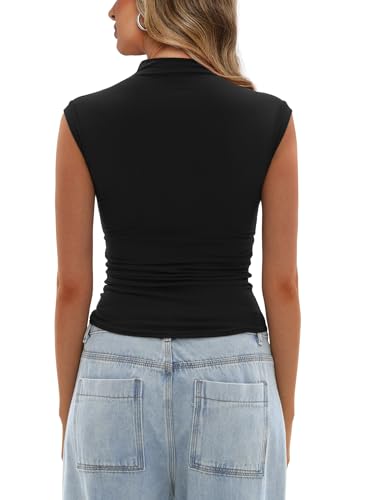 Darong Women's Summer Tops Cap Sleeve Side Ruched Going Out Top Mock Neck Slim Fitted Cute Shirts Y2K Tee2