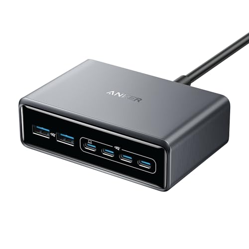 Anker Prime USB C Charging Station 200W 6-Port GaN Destop Charger Multiple Protection Fast Charging for MacBook Pro/Air Laptop iPad iPhone 17/16 Samsung S25/S24 (5FT Cord with UK Plug)
