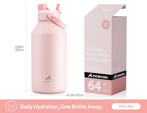 Image of POWCAN 64 oz Insulated Water Bottle with 2-in-1 Straw and Spout Lid, Keep Cold 24H, Leak-Proof, BPA-Free, Double Wall Stainless Steel Water Bottle for Sports, Gym, Travel, and School (Cotton Candy)