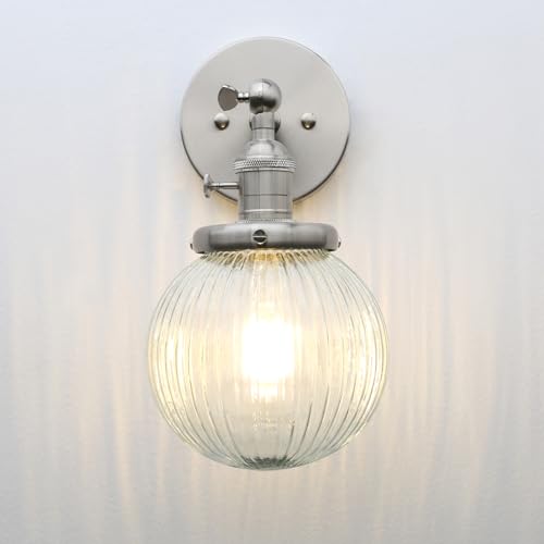 Image of PERMO Sconce with Switch Industrial Gold Wall Sconce Lighting with Ribbed Globe Lampshade (Brushed, 1 Light-Hardwired)