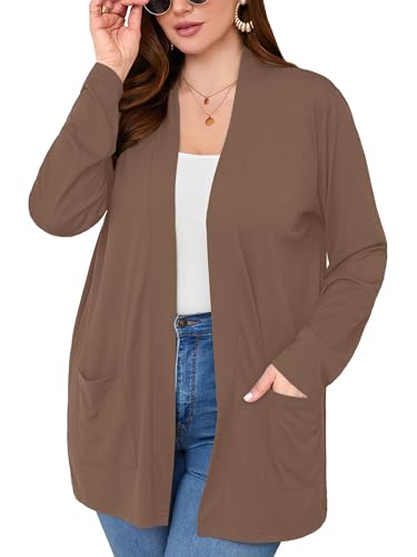 Image of AusLook Plus Size Lightweight Cardigans for Women Open Front Pockets Jacket | 1X-5X,Soft Stretch,Long Sleeve,Longline Coverage,Dress Jeans Layer,Work Travel Style,Spring Fall Wear