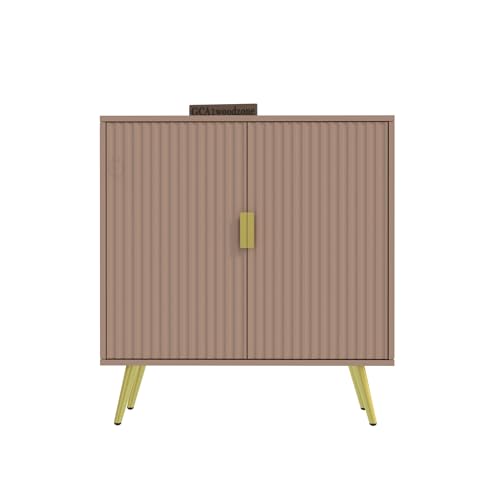 Image of Wooden Fluted Design Storage Cabinet with 2 Doors | Modern Sideboard Cabinet for Living Room, Bedroom & Entryway | Multipurpose Organizer Cupboard | HDMR Premium Wood | Gold Metal Legs (Beige)