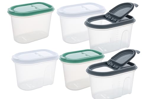 2friends Vorratsdosen Set 6-teilig 1,1L Schüttdosen Kunststoff Transparent, Klappdeckel, Ausguss, Messskala, Ideal für Müsli, 18,5x12x11,5cm, 3 Farben, 100% Recyclebar, Made in Europe