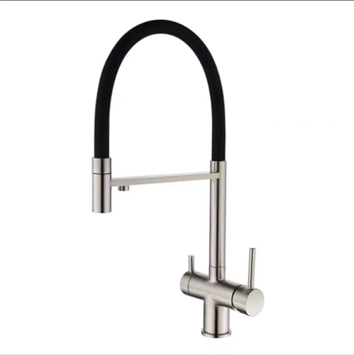Robinet de cuisine avec douchette extractible et filtre intégré en acier brossé à deux poignées