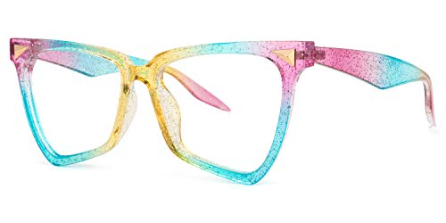 Voogueme Glitter Rainbow Blue Light Blocking Glasses for Women, Block UV Blue Light Anti Eyestrain Eyeglasses Unicorn OP01860-04