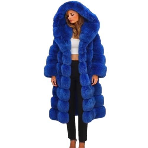 Lisa Colly Women Plus Size Faux Fur Jacket Big Hooded (Blue,Small)
