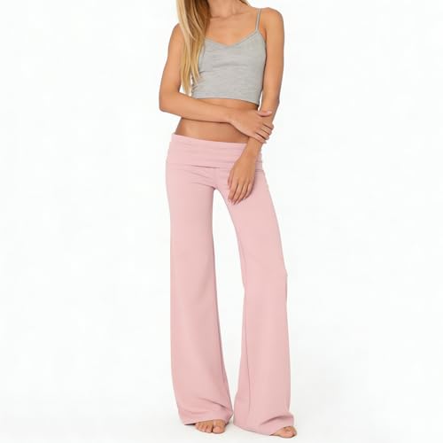 Image of Lounge Yoga Pants for Women Fold Over Low Waist Wide Leg Bell Bottoms | Y2K Foldover Pants, Flare Leggings, Low Rise Yoga Sweatpants