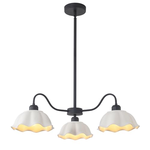 Image of 3 Light Mid Century Chandelier Fixture with White Ceramic Shade Contemporary Black Ceiling Pendant Light Semi Flush Mount Chandelier for Kitchens Living Room