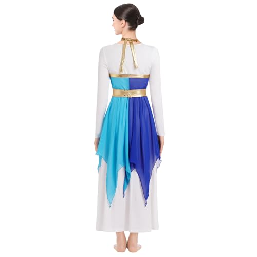 IBAKOM Praise Dance Dress for Women with Warp Skirt Metallic Waist Long Worship Dance Overlay and Tunic Liturgical Dancewear Adult Lyrical Church Temple Dresses Danza Cristiana Vestuario Blue M — view 6