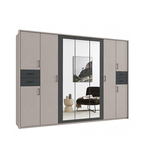 luma-home Drehtürenschrank Kleiderschrank B313/H210/T58 cm mit 4 Schubkästen, 3 Spiegeltüren, Kleiderstangen, Einlegeböden, dekoratives Passepartout, in Sand Grau, Absetzungen in Grafit / 22585 luma-home Drehtürenschrank Kleiderschrank B313/H210/T58 cm mit 4 Schubkästen, 3 Spiegeltüren, Kleiderstangen, Einlegeböden, dekoratives Passepartout, in Sand Grau, Absetzungen in Grafit / 22585