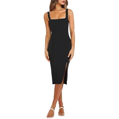 Relipop Women Formal Dress Square Neck Sleeveless Solid Summer Dresses Elegant Midi Wedding Guest Dress Slit Cocktail Dresses Cover