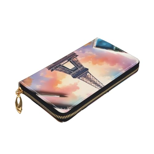 Eiffel Tower Print Men and Women Leather Wallet,Long Zipper Wallet,Convenient to Carry, Various Bank Card Storage3