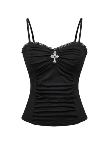Verdusa Women's Gothic Lace Y2k Cami Top Ruched Slim Fit Camisole Sleeveless Going Out Tops