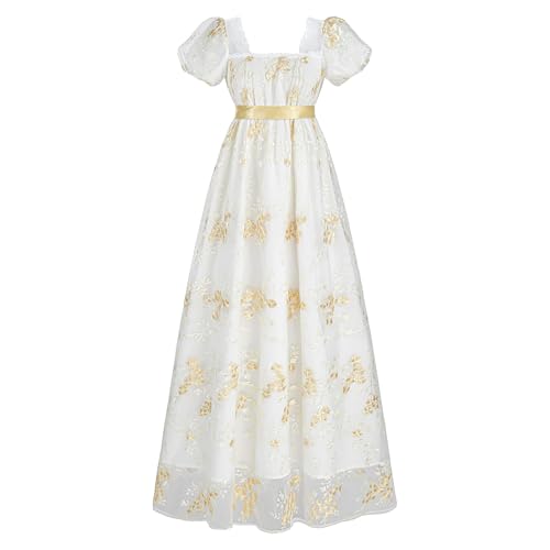 LTAKK Regency Dress Women Regency Costume Empire Waist Tea Party Victorian Gown with Sash, Champagne Gold Embroidery, Medium