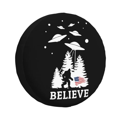 Image of UFO Alien and Bigfoot Moon P Spare Tire Cover for Rv Trailer, Weatherproof Leather Wheel Cover Fit for Wrangler Rv SUV Truck Travel Trailer(14 Inch)