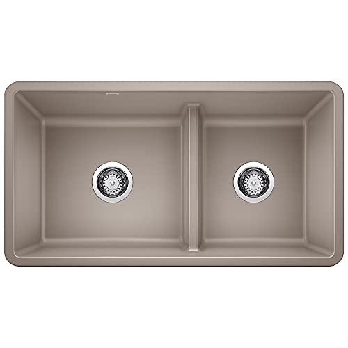 BLANCO Precis Reversible 1-3/4 Double Bowl Kitchen Sink with Low Divide, Truffle