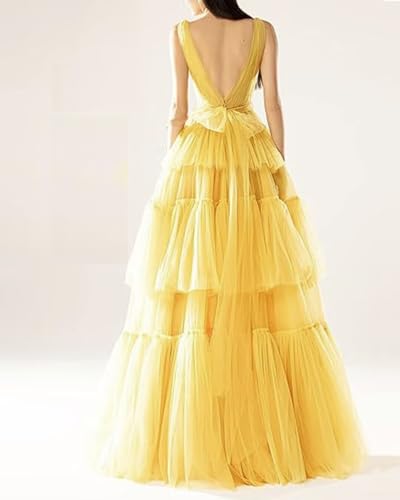 Tiered Tulle Prom Dress Long Ball Gown Double V Neck A Line Ruffle Formal Dresses Prom Gowns for Women2